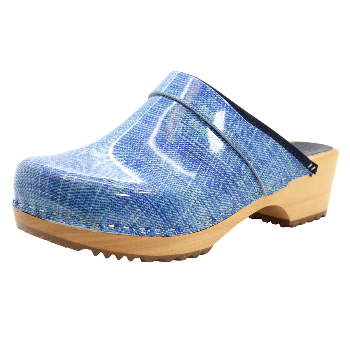 KLÄGN BJORK by KLÄGN Denim Wood Open Back Leather Clogs
