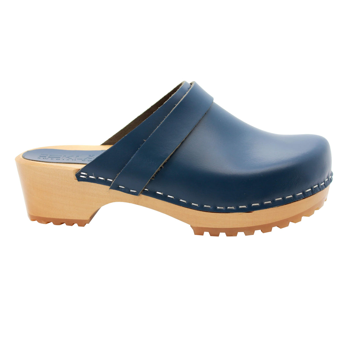 KLÄGN KLÄGN Tuva Wood Open Back Grip Cobalt Veg Tan Leather Clogs