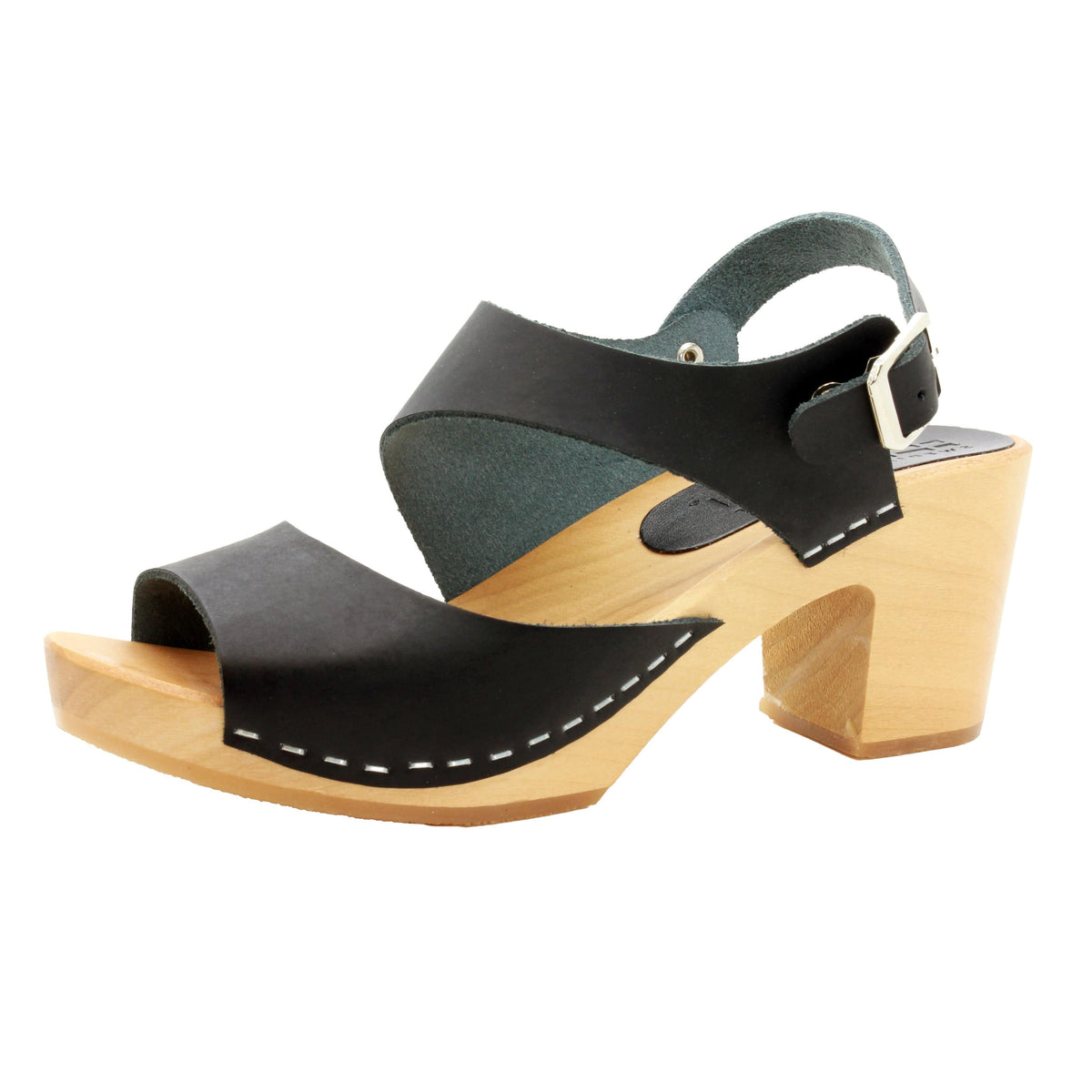 BJORK BJORK MARIE Swedish Wood Clog Sandals in Black Leather