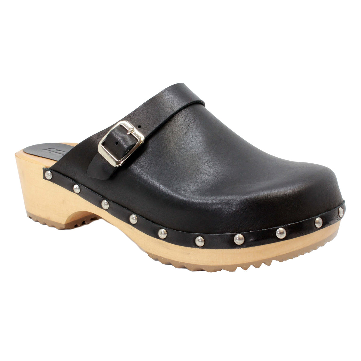 BJORK 754414-2-36 BJORK Anna Wood Open Back Full Grain Natural Leather Clogs Black / EU-36
