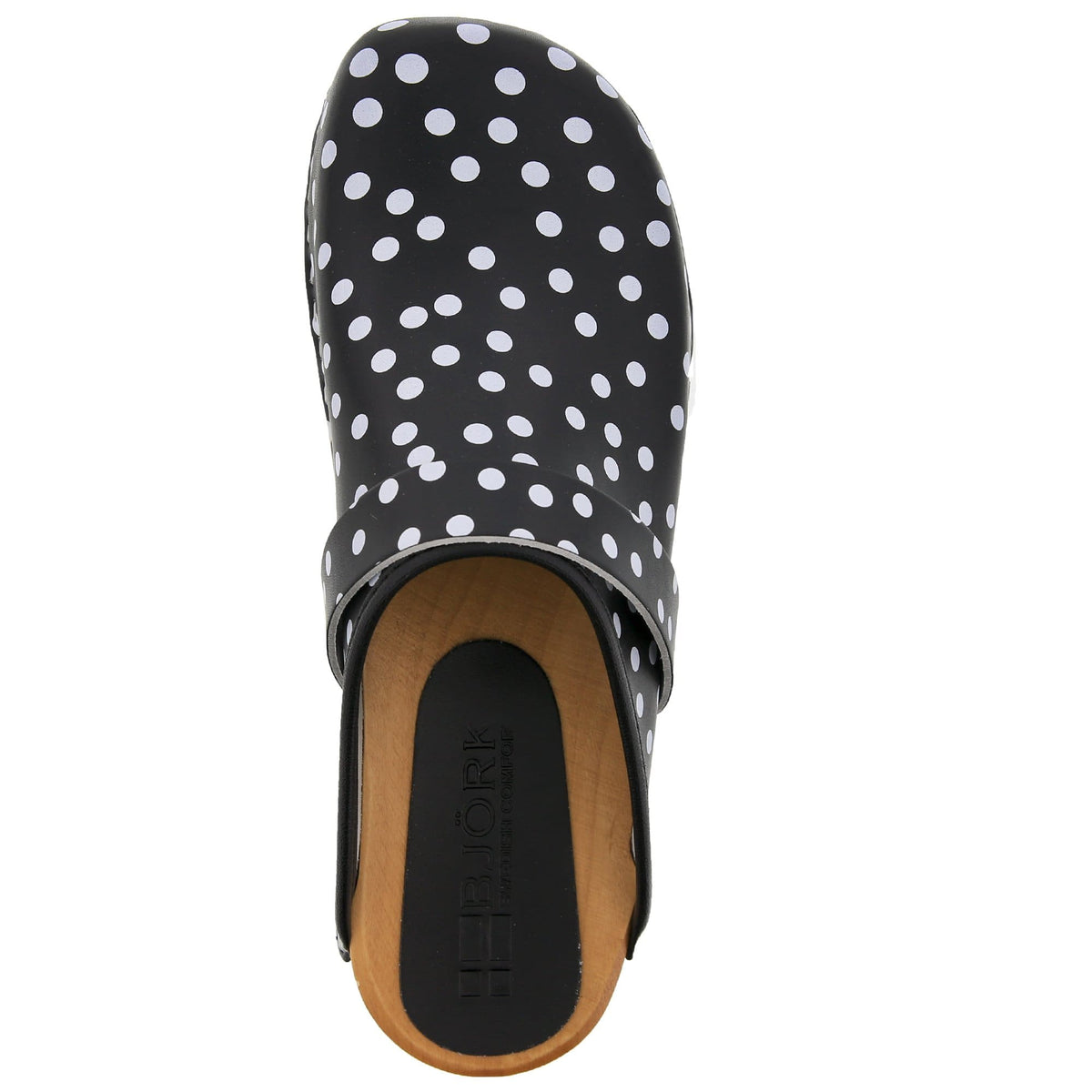 BJORK BJORK Emma Wood Open Back Black Polka Dots Leather Clogs - CLOSEOUT