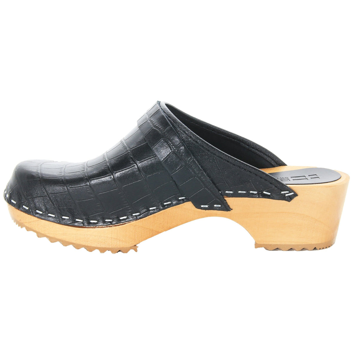 BJORK BJORK Maja Wood Open Back Black Croco Print Leather Clogs