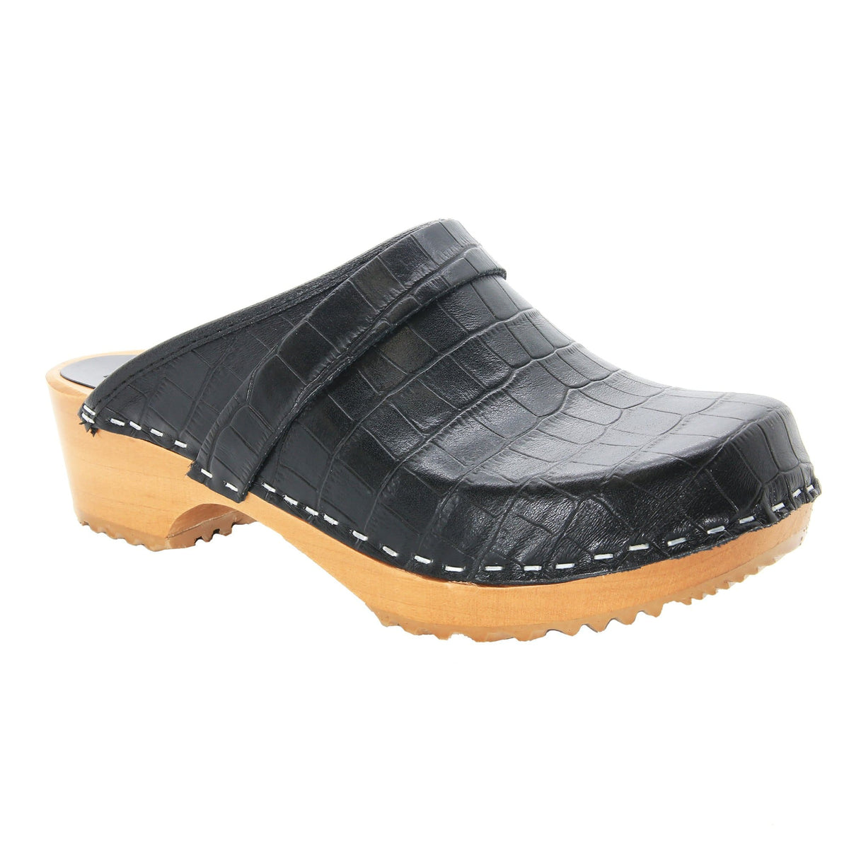 BJORK 600009-2-36 BJORK Maja Wood Open Back Black Croco Print Leather Clogs Black / EU-36