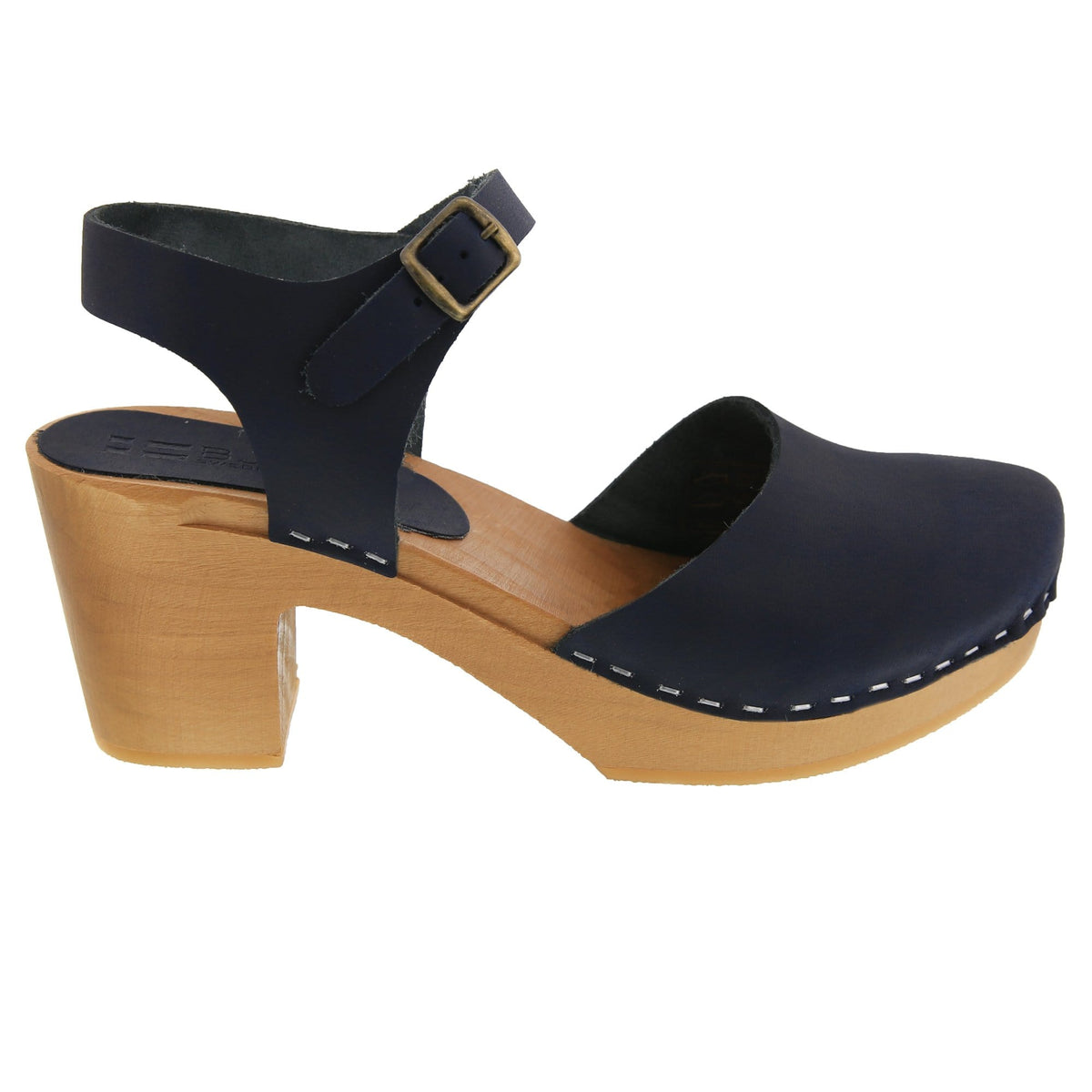 BJORK BJORK MARGARETA Swedish Wood Clog Sandals in Navy Oiled Leather