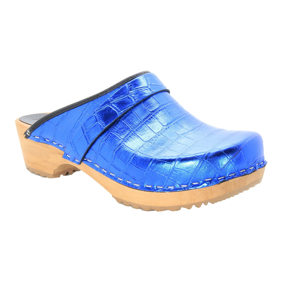 BJORK 600009-5-36 BJORK Maja Wood Open Back Croco Print Leather Clogs Blue / EU-36