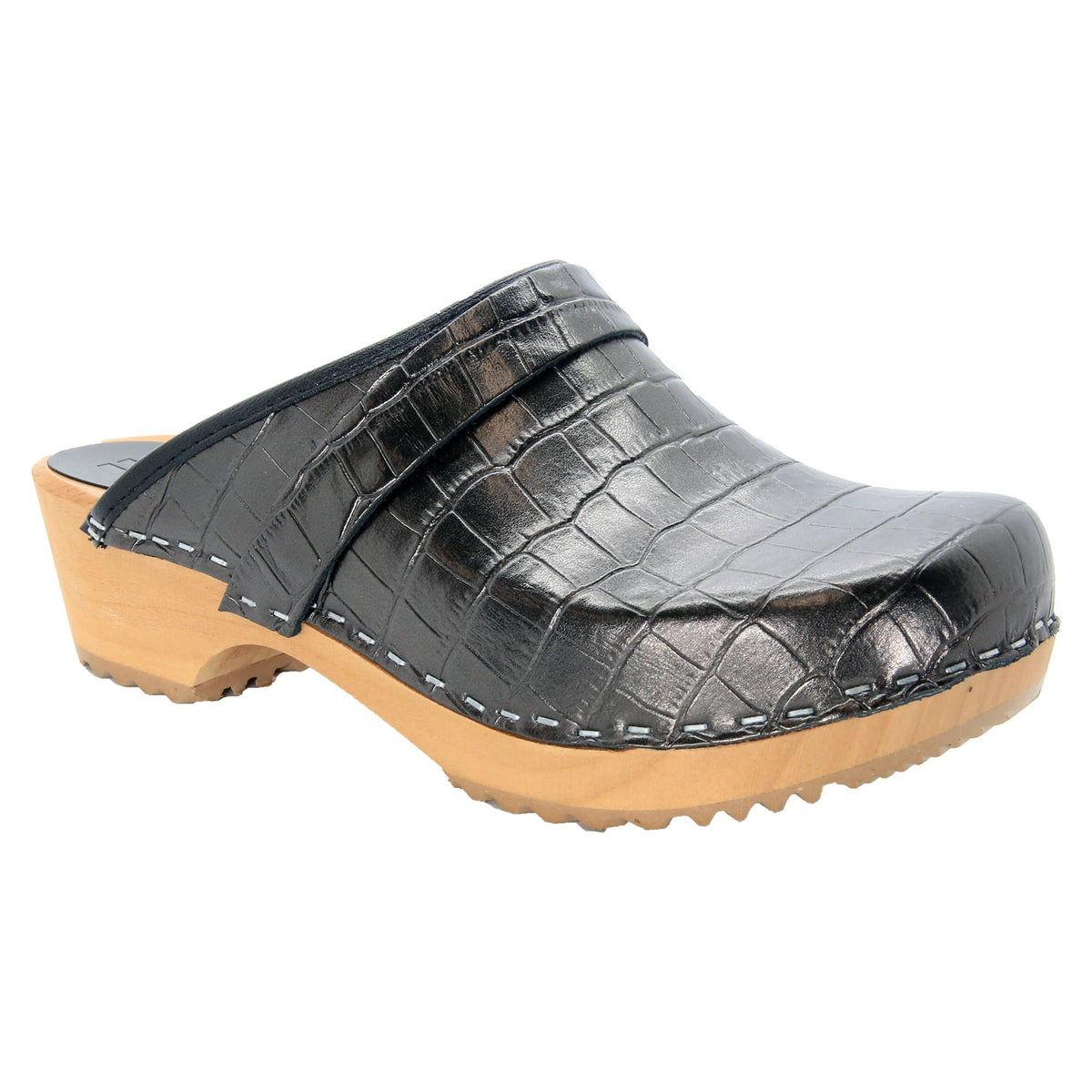 BJORK 600009-20-36 BJORK Maja Wood Open Back Croco Print Leather Clogs Gunmetal / EU-36