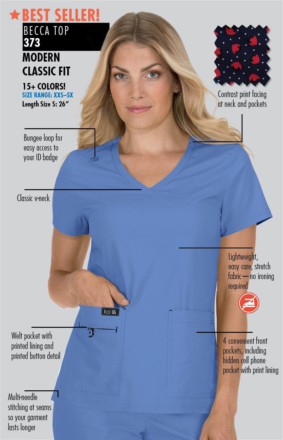 koi koi Basics Becca Women's 4-Pocket Stretch Scrub Top