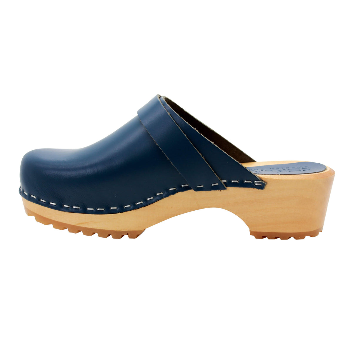KLÄGN KLÄGN Tuva Wood Open Back Grip Cobalt Veg Tan Leather Clogs