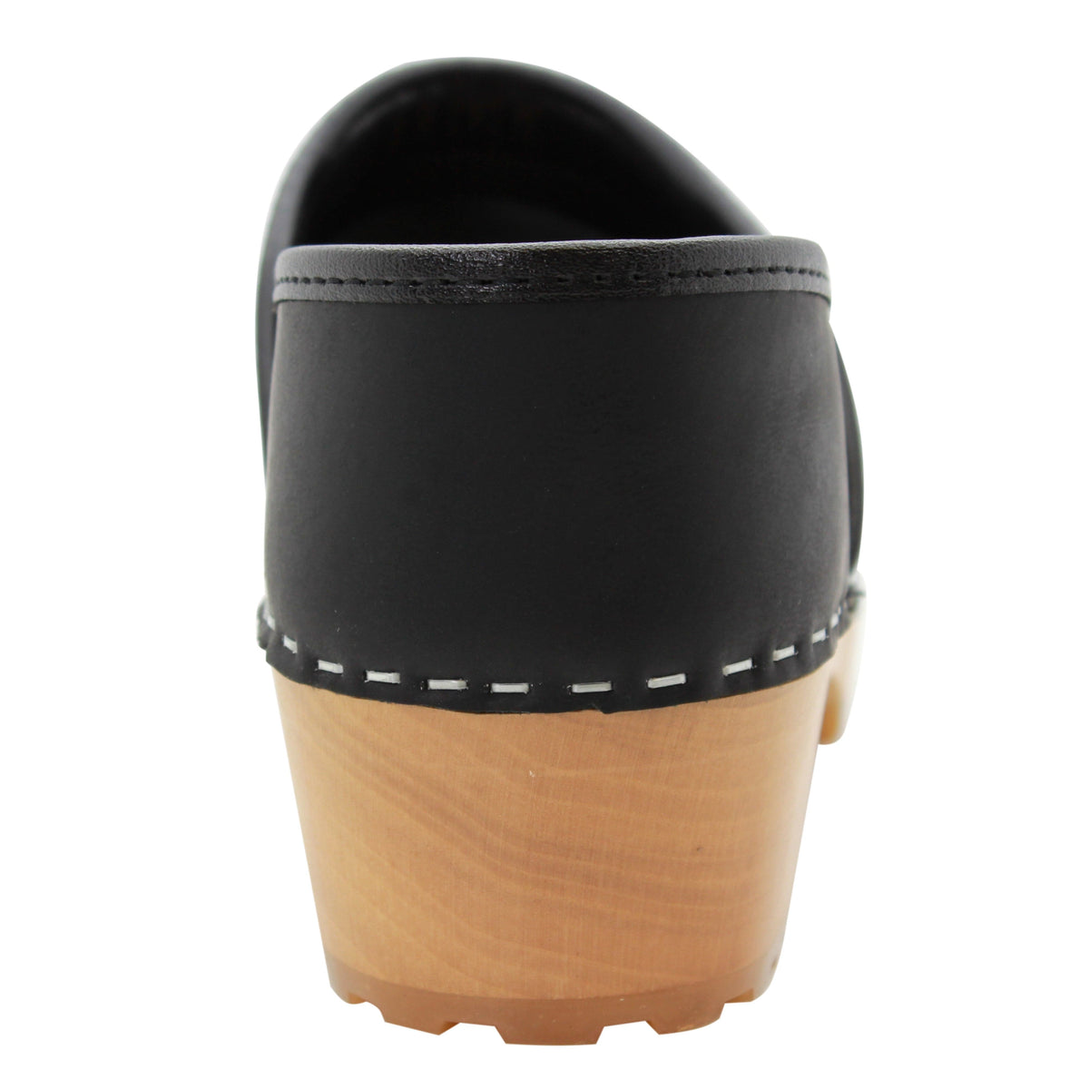 KLÄGN KLÄGN Tindra Wood Closed Back Grip Black Leather Clogs