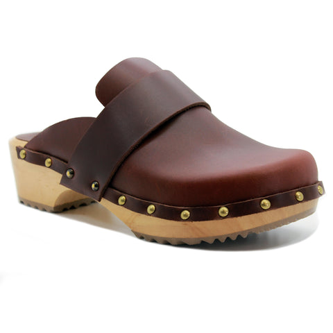 KLÄGN 610602-33-36 KLÄGN Helvi Wood Open Back Full Grain Leather Clogs w/light sole Brown / EU-36