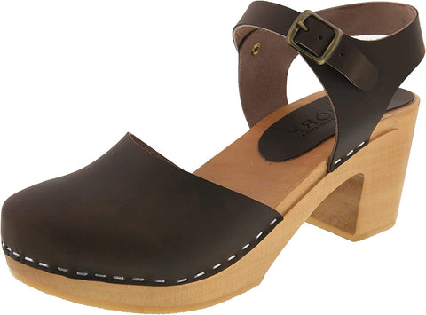 BJORK BJORK MARGARETA Swedish Wood Clog Sandals in Brown Oiled Leather