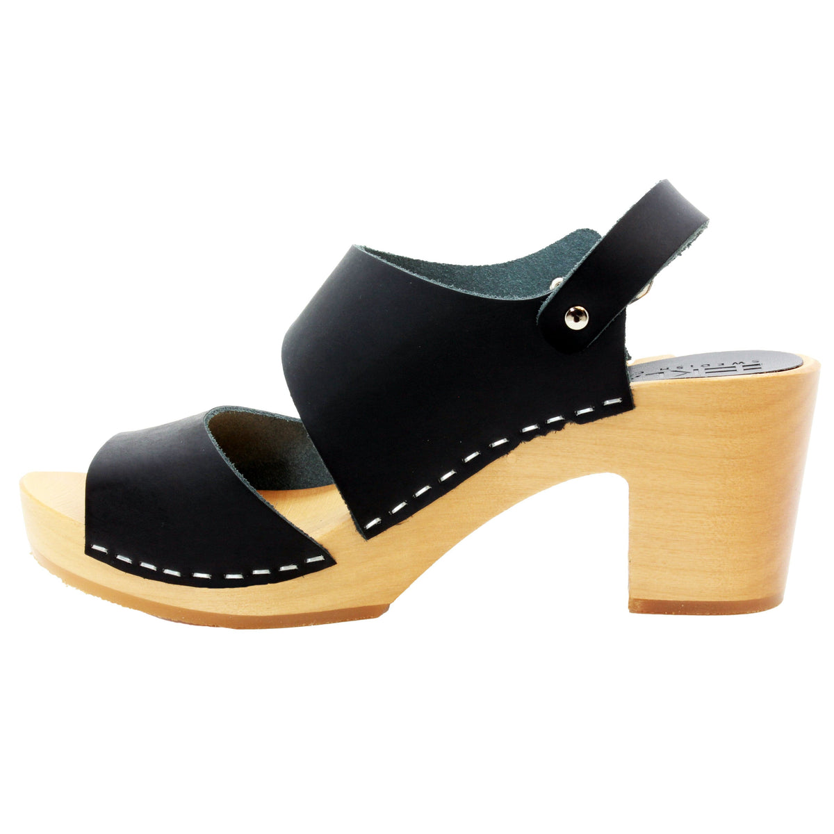 BJORK BJORK MARIE Swedish Wood Clog Sandals in Black Leather