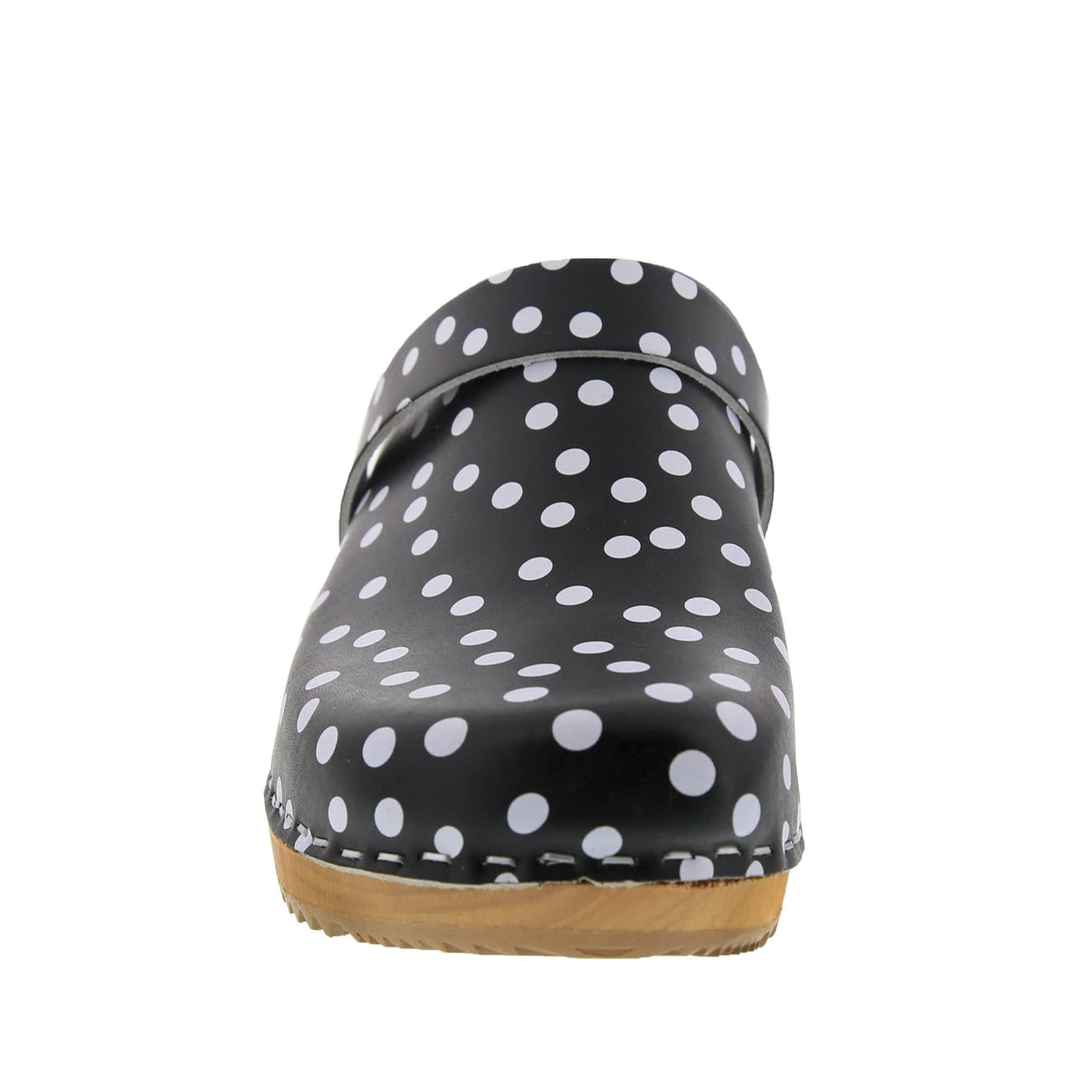 BJORK BJORK Emma Wood Open Back Black Polka Dots Leather Clogs - CLOSEOUT