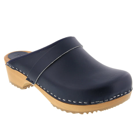 BJORK 600000-29-36 BJORK Maja White Wood Open Back Leather Clogs Navy / EU-36