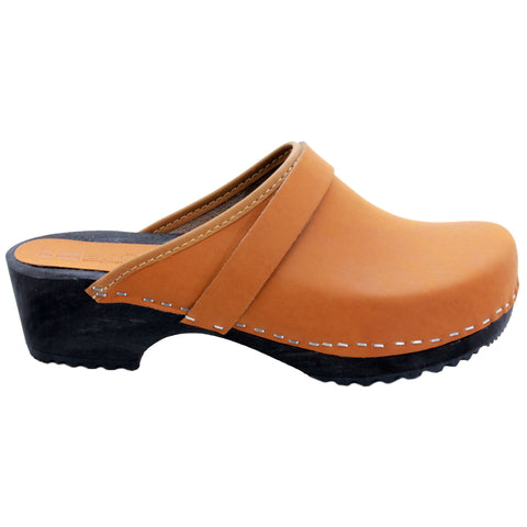 BJORK BJORK Maja Wood Open Back Leather Clogs in Cognac