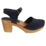 BJORK BJORK MARGARETA Swedish Wood Clog Sandals in Navy Oiled Leather