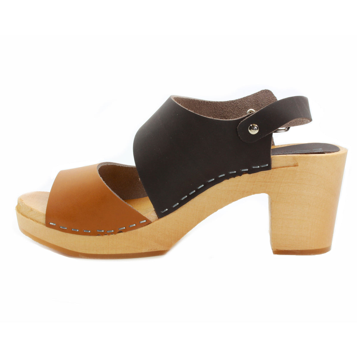 BJORK BJORK MARIE Swedish Wood Clog Sandals in Combi-Brown Oiled Leather